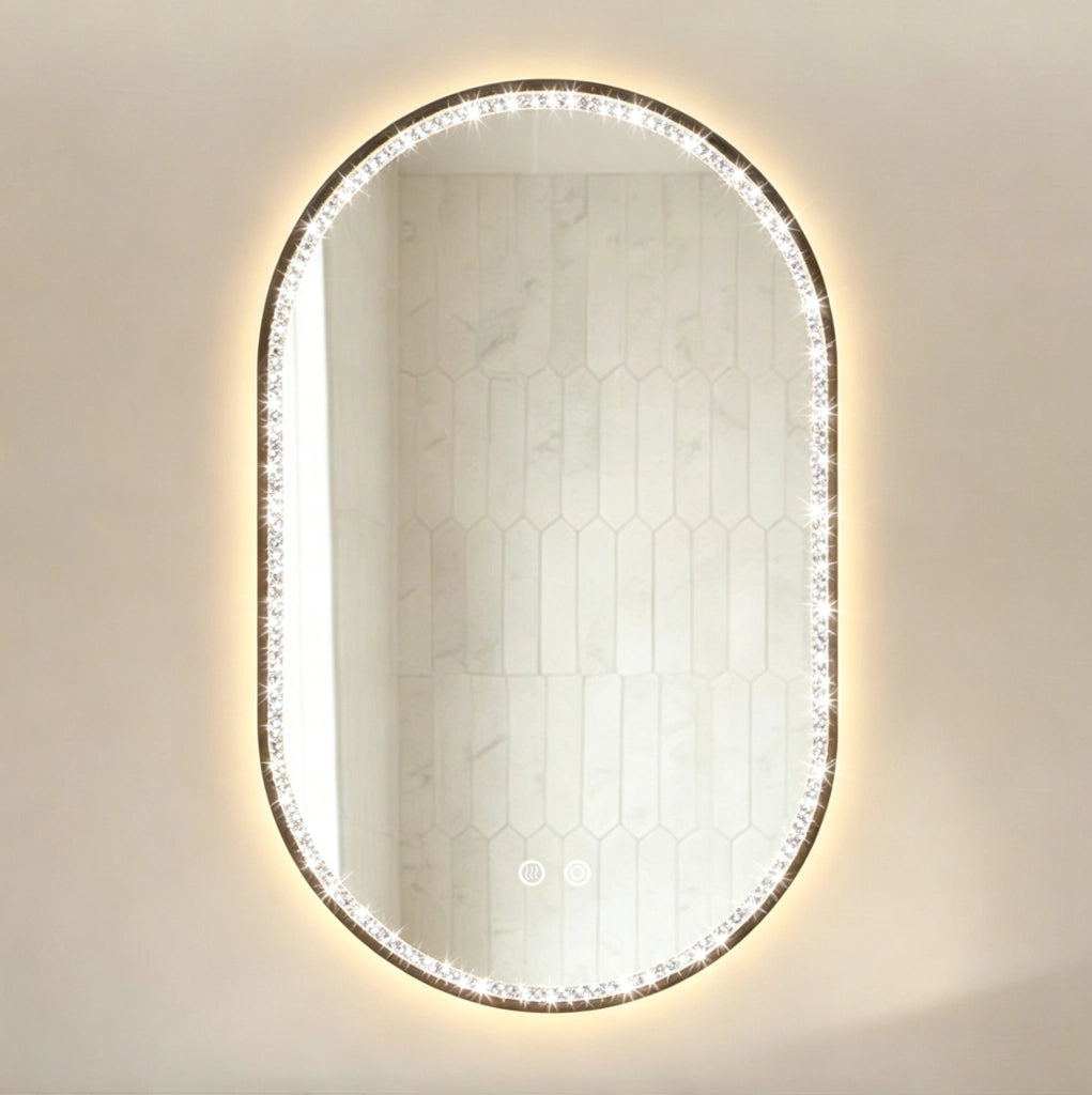 Specchio bagno ovale ULEVR 50x80 cm con LED dimmerabile, antiappannamento e cornice nera con cristalli