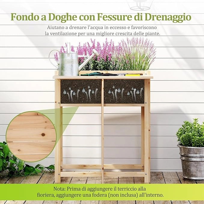 Letto da Giardino Rialzato, Orto Rialzato in Legno con Gampe, Tavolino Laterale Pieghevole e Drenaggio, Fioriera da Esterno per Fiori, Verdure e Frutta, 63 x 67 x 74 cm