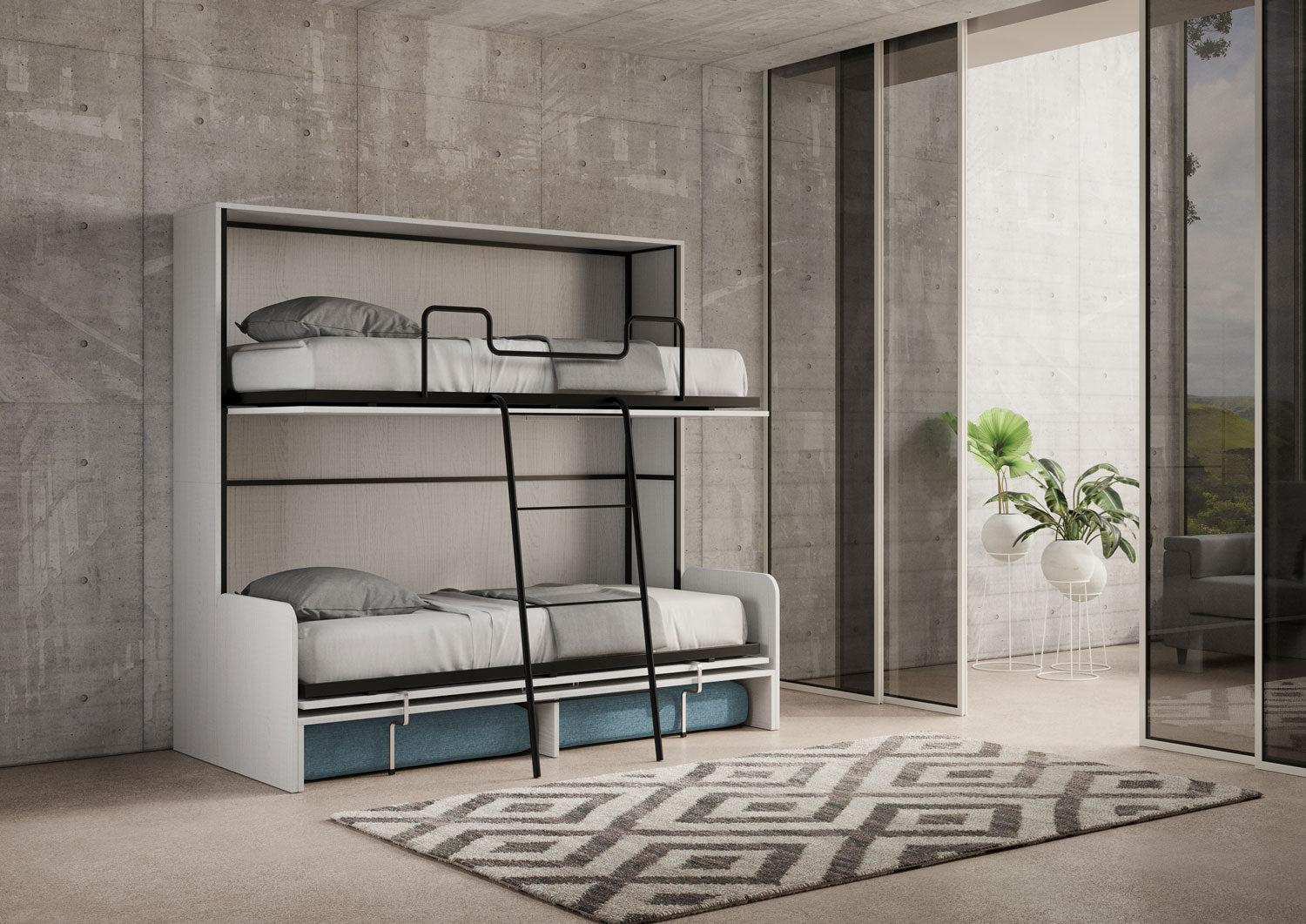 Letto Doppio A Scomparsa Kando Con Divano Bianco Frassino e Azzurro