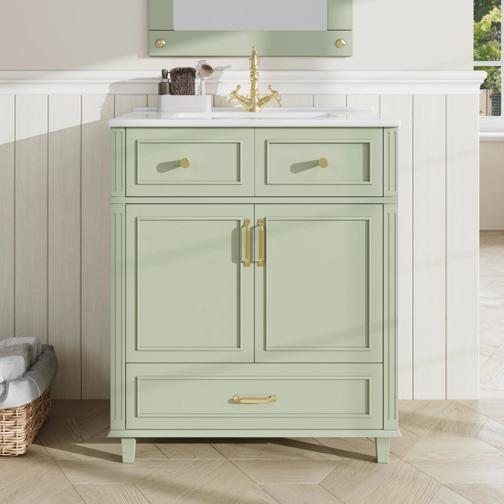 Mobile Sottolavabo con Lavabo in Ceramica ¨C MINIMAL ¨C Cassetto Soft-Close, Verde, 81x45.5x86.5 cm