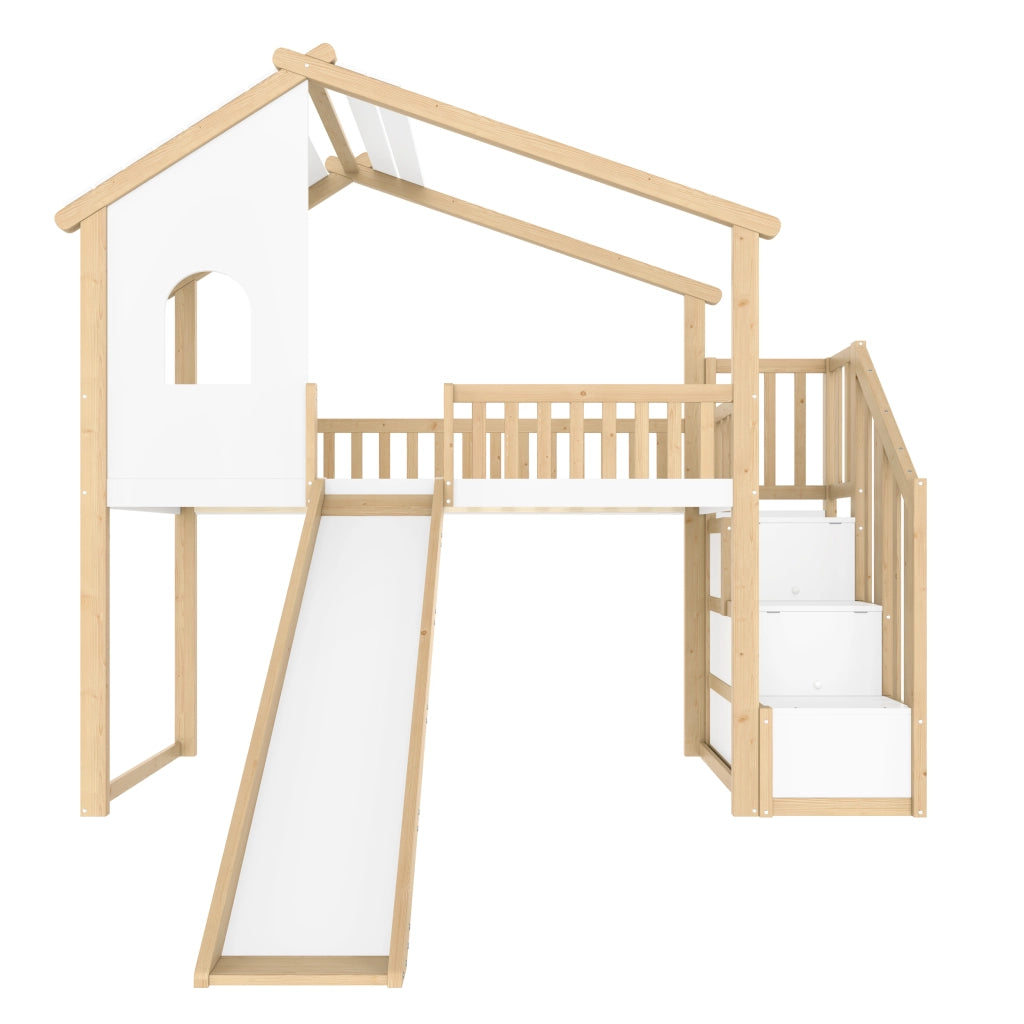 Letto a Soppalco Singolo con Sponda; Scala Contenitore e Scivolo; 90 x 200 cm; senza Materasso; Naturale Bianco