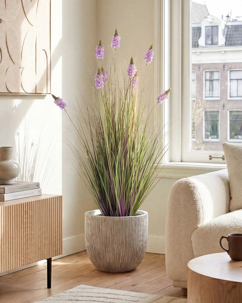 Pianta artificiale in vaso con fiori viola e foglie in plastica nera materiale lavanda 120 cm accessorio decorativo per interni