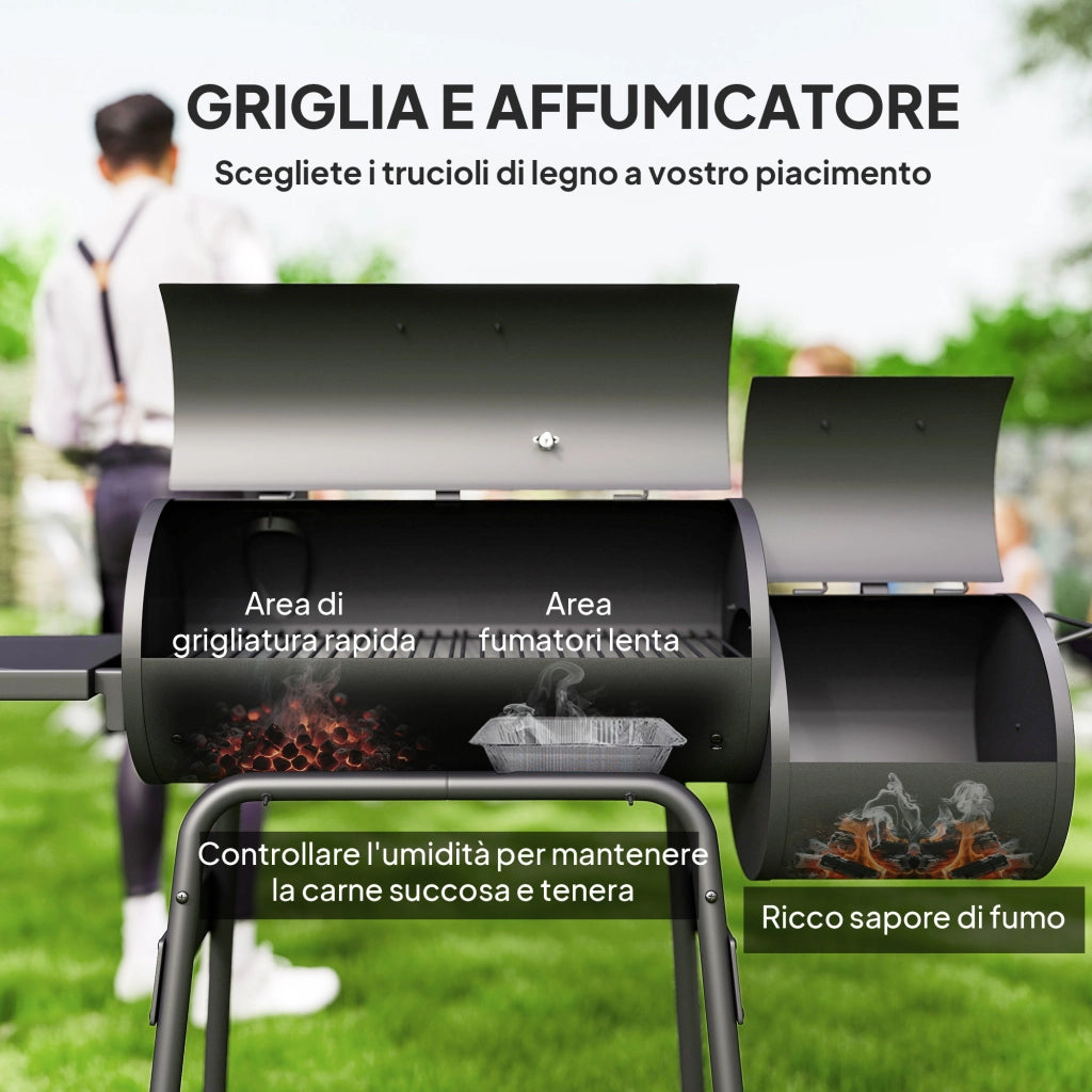 Barbecue a Carbone con Coperchio e Affumicatore. BBQ da Giardino con Ripiani e Ruote 124x53x104 cm. Nero