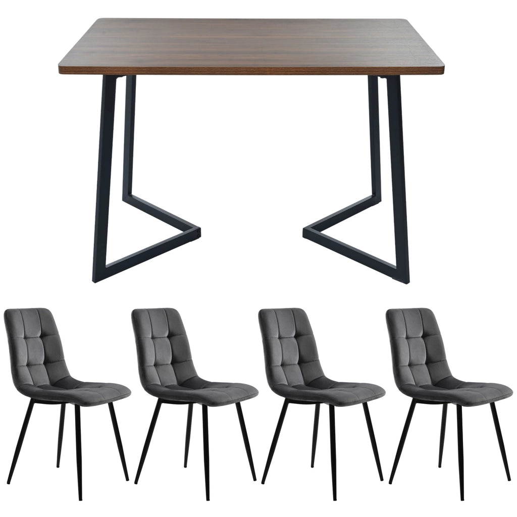 Tavolo da pranzo per 4 persone con 4 sedie piano in MDF noce gambe in metallo nero per cucina e sala da pranzo