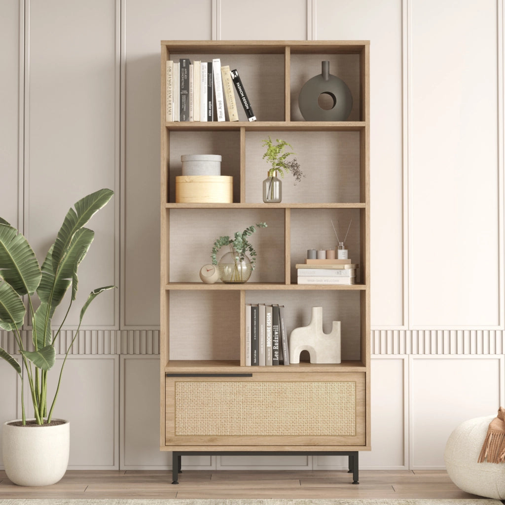 Libreria Kvænangen Scaffale Espositore 175x84x29 cm Rovere / Rattan [en.casa]