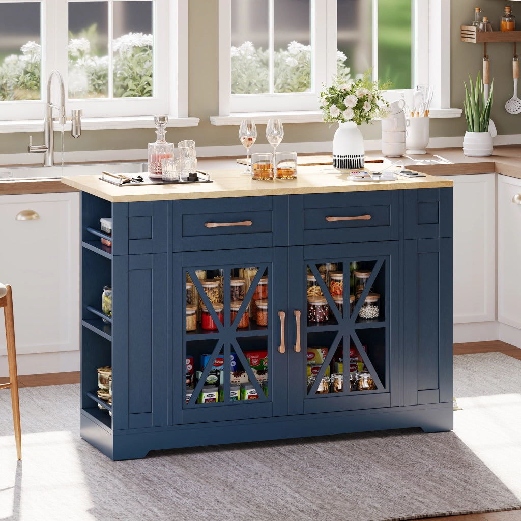 Carrello Da Cucina con 2 Ante in Vetro; 1 Cassetto; 6 Ripiani Aperti; Piano Pieghevole e Porte USB con Ruote; in MDF; 120 x 40 x 92 cm; Blu e Naturale