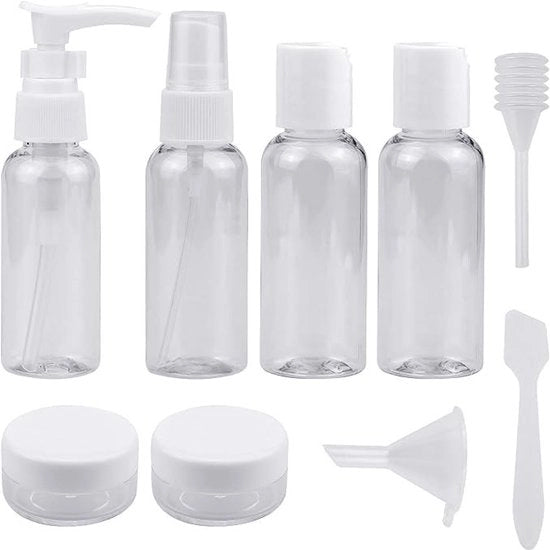 Set di flaconi da viaggio 9 pezzi - Flaconi portatili - Spugna/atomizzatore - Beccuccio/pipetta/cucchiaio - Adatto per cosmetici - Plastica trasparente - Kit per bagno