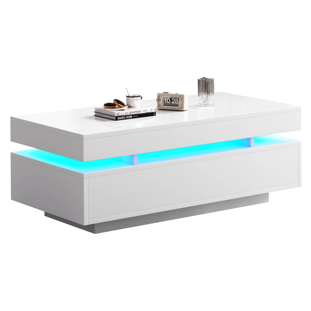 Tavolino da Caff¨¨ con 2 Cassetti e LED ¨C Xylo ¨C Bianco Lucido 100x50x35