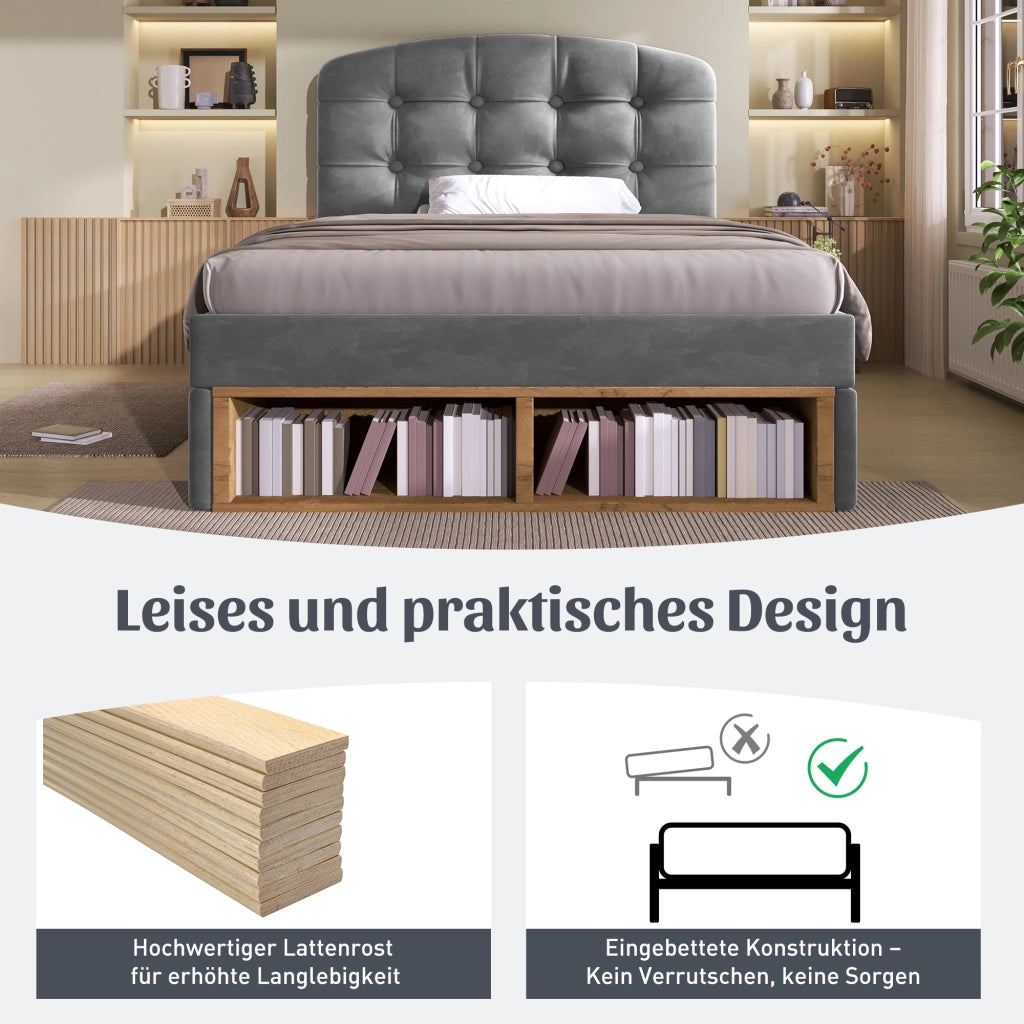 Letto con Cassetti 90 x 200 cm; Testiera Regolabile e Vani Aperti in Velluto - Grigio