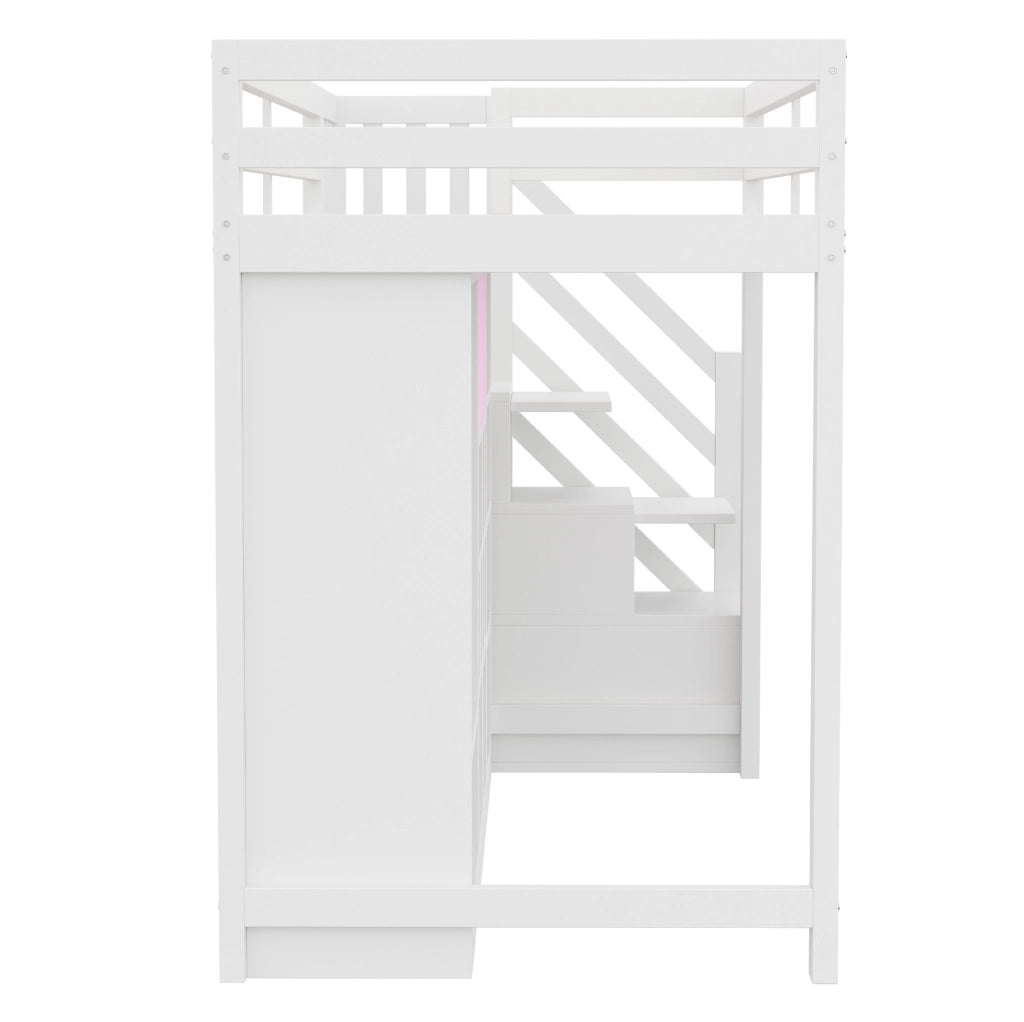 Letto a soppalco 90x200 cm in legno bianco con armadio integrato; ripiani e LED