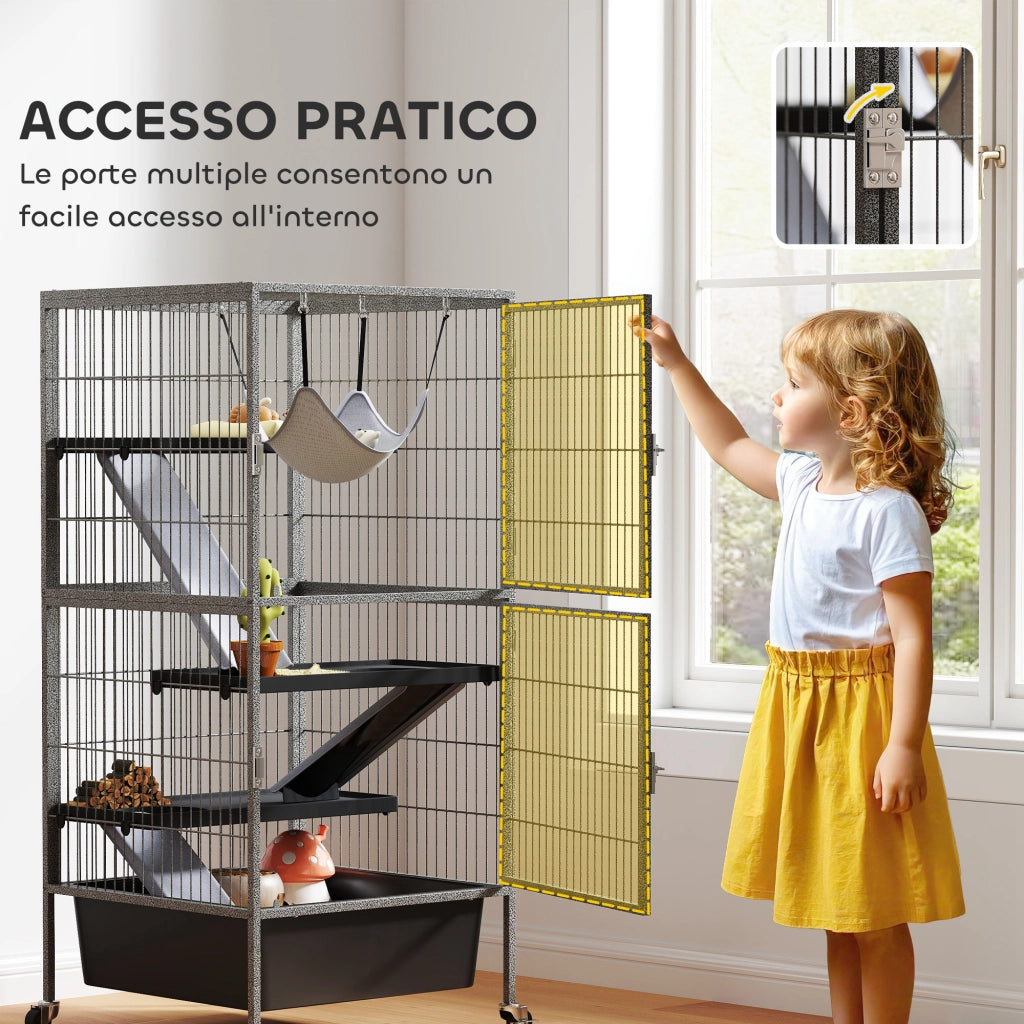 Gabbia per Piccoli Animali a 4 Livelli 52x52x115 cm con Rampe Amaca e Ruote Grigio
