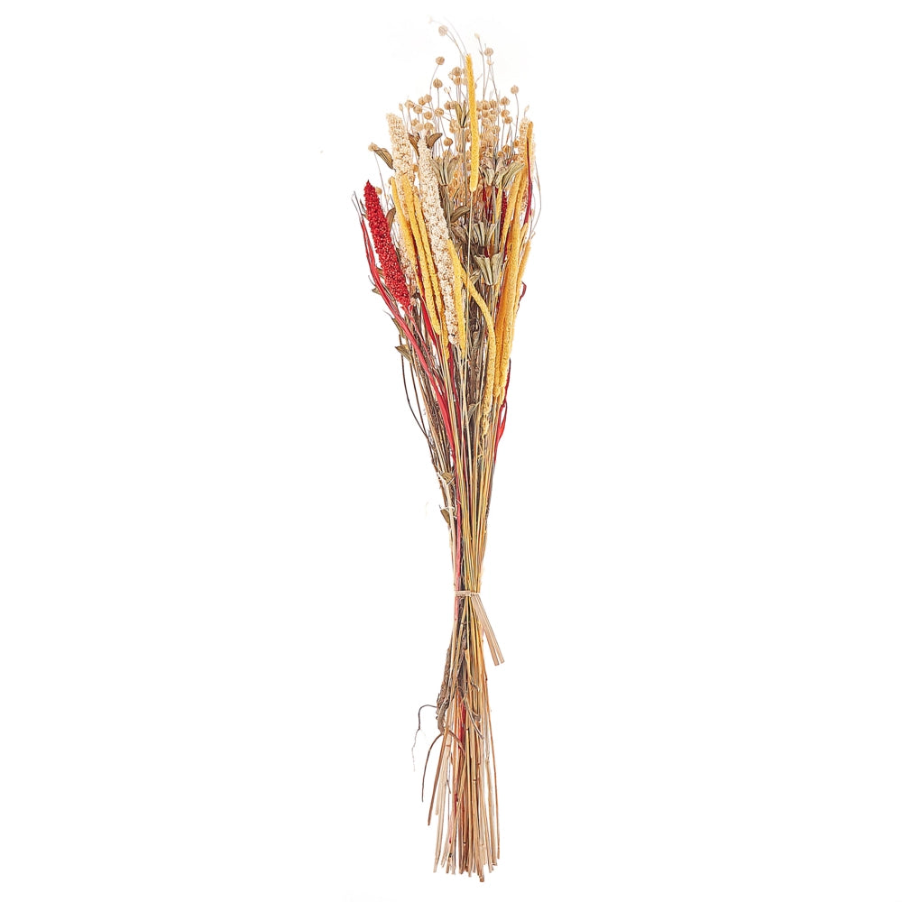 Mazzo di fiori secchi di colore rosso e giallo 65 cm e avvolti in carta decorativa