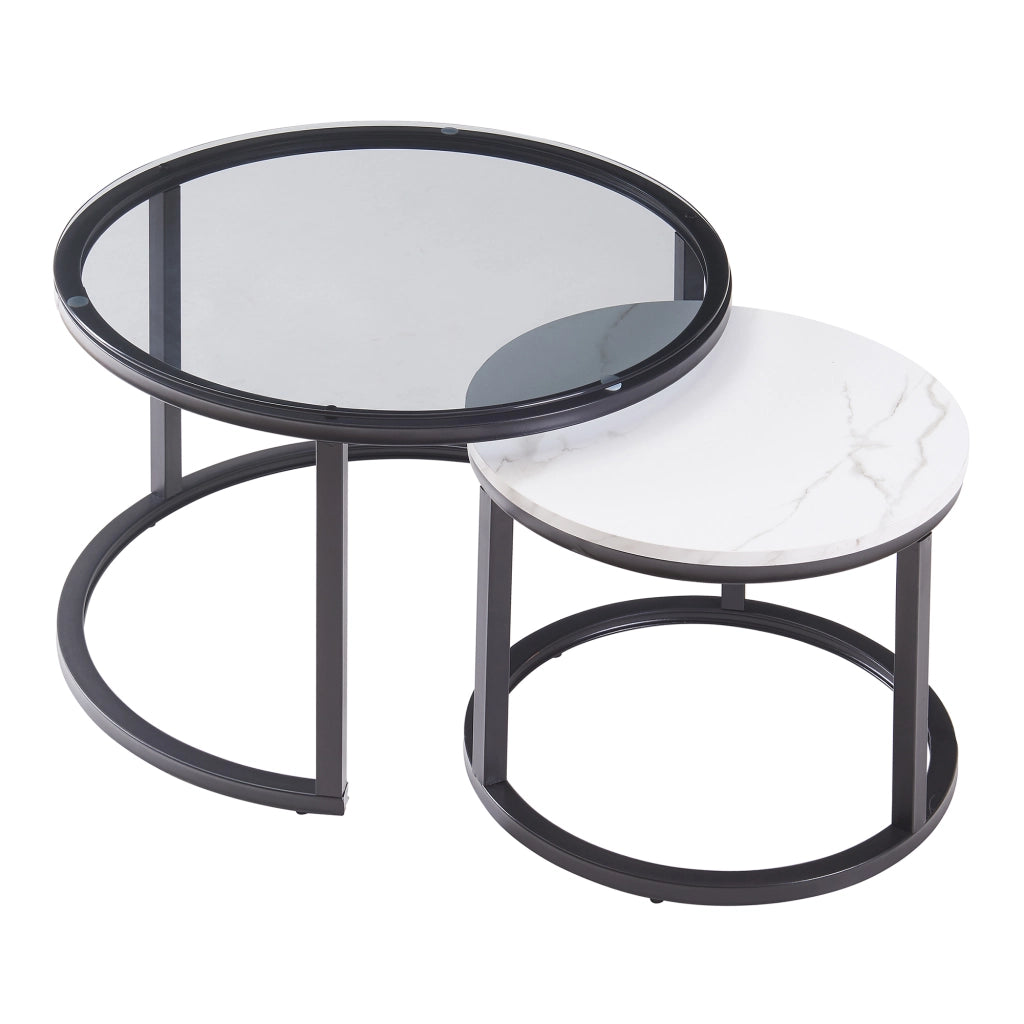 Set Kokkola 2 Tavolini Sovrapponibili con Piani Rotondi in Vetro Fumè e MDF Effetto Marmo Bianco [en.casa]