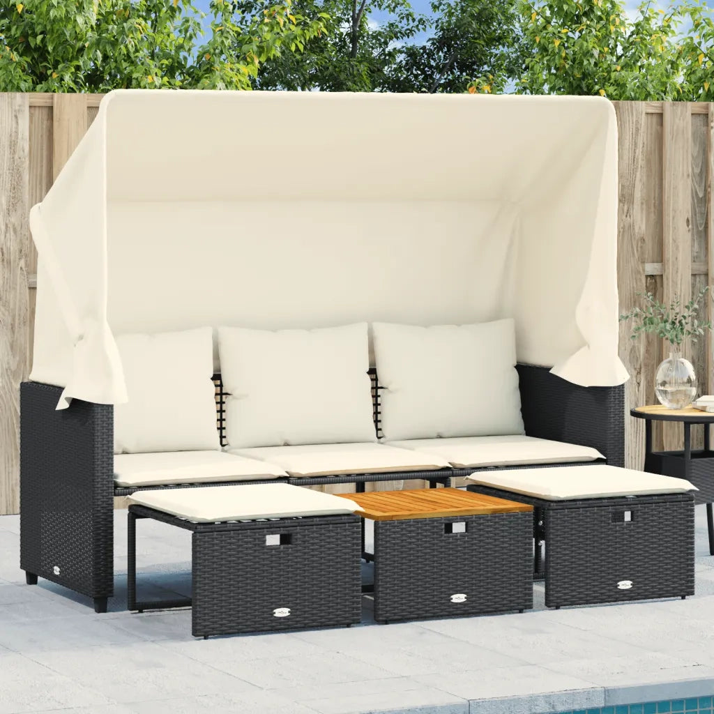 Divano Giardino 3 Posti Baldacchino e Sgabelli Nero Polyrattan