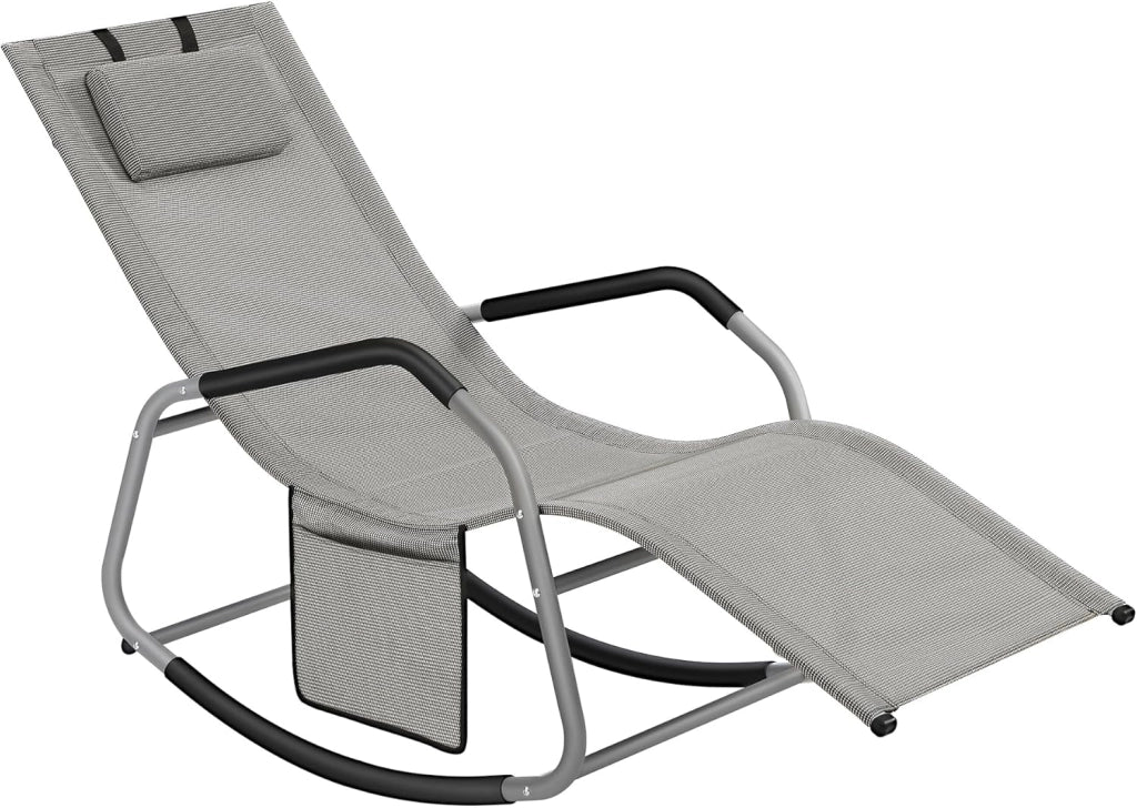 SONGMICS Sedia a Dondolo, Sedia a Sdraio con Fermi Antiribaltamento, Cuscino Regolabile, Telaio in Acciaio, Tessuto Respirante, Tasca Portaoggetti, 156,2 x 97,3 x 151 cm, Grigio Tortora GCB230G01