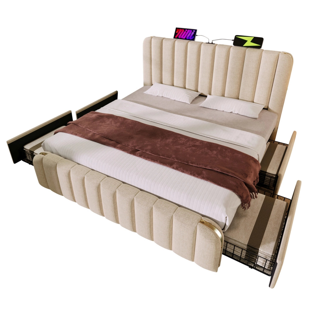Letto matrimoniale 140x200 cm in lino beige con testiera USB Type-C e 4 cassetti