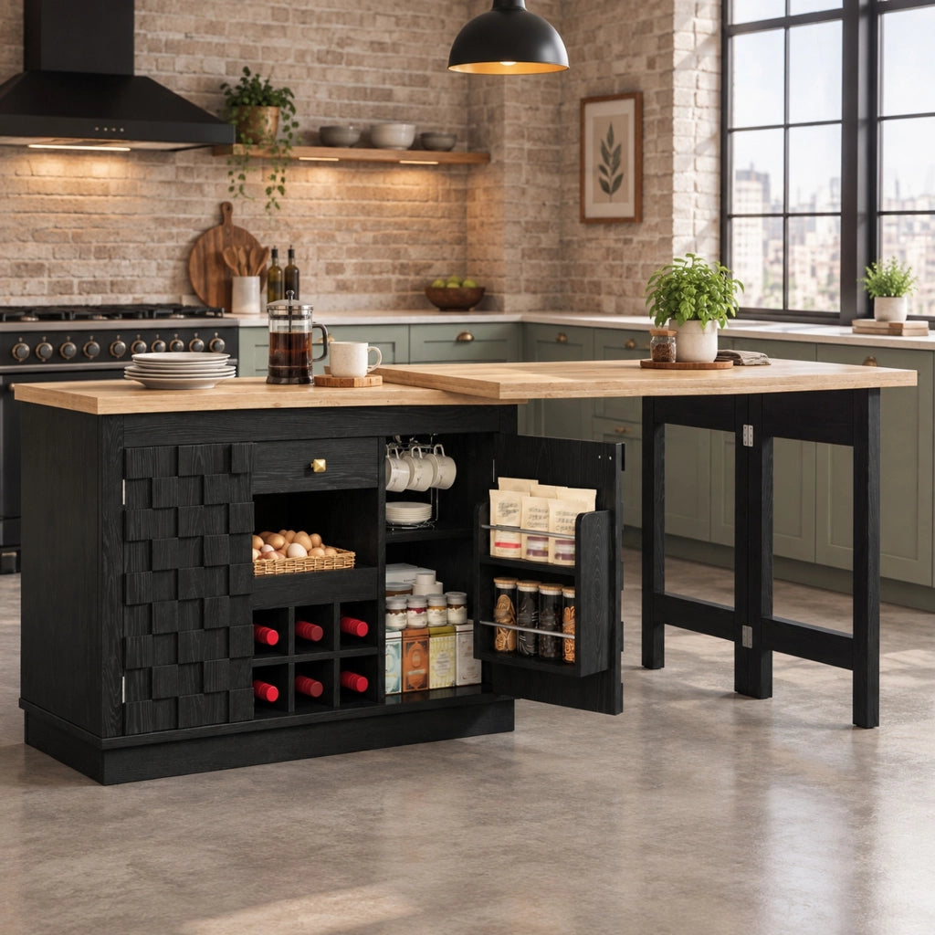 Isola cucina girevole con tavolo estensibile e portabottiglie