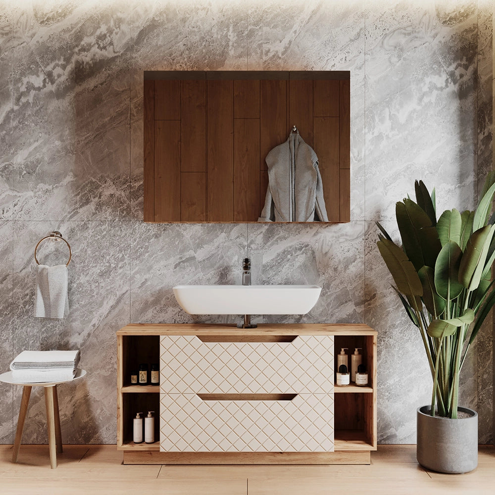Vicco Set di mobili da bagno Rovere/cashmere con struttura in piastrelle 2 parti