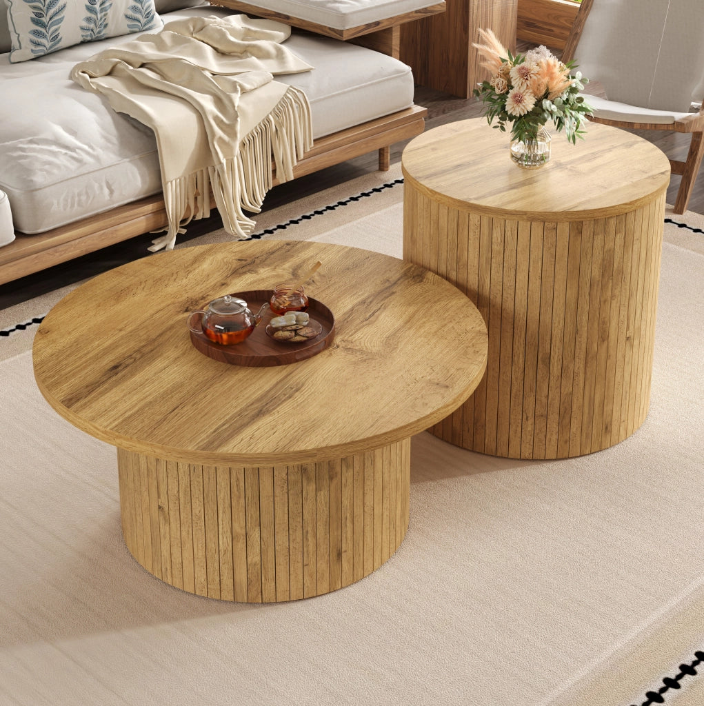 Set tavolini da salotto rotondi in MDF effetto legno naturale; 75x75x36 cm e 50x50x50;5 cm