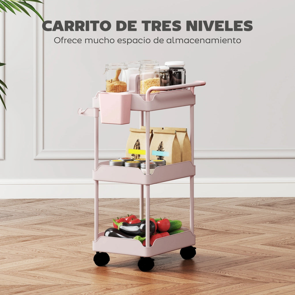 Carrello da Cucina 3 Ripiani con Ruote ¨C Xylo ¨C Rosa con Cestini Estraibili
