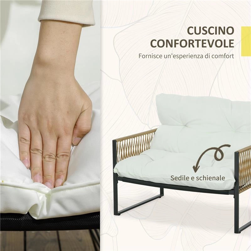 SET DA GIARDINO 4 PEZZI IN RATTAN CON DIVANETTO 2 SEDIE E TAVOLINO DA CAFFÉ NERO MARRONE E CREMA