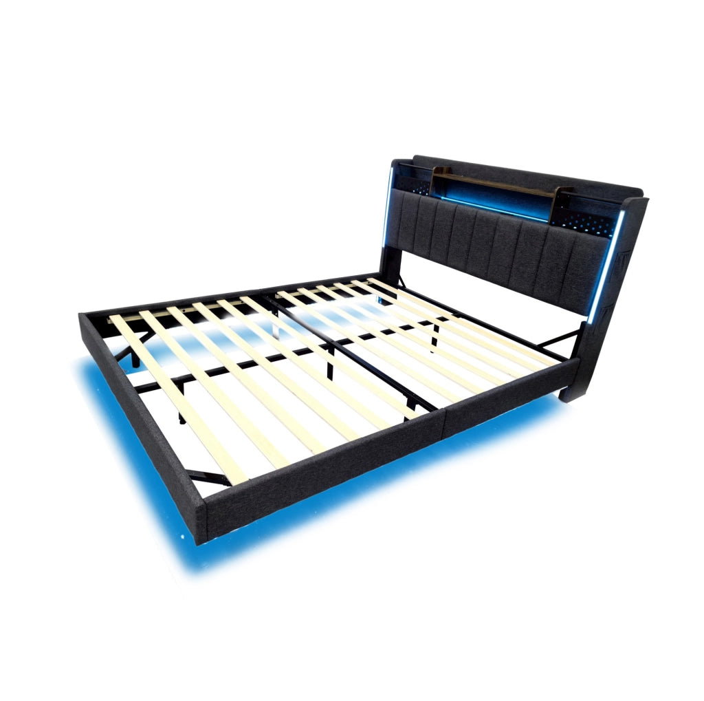 Letto imbottito 140x200 cm con LED; USB e vano contenitore nella testiera; lino grigio