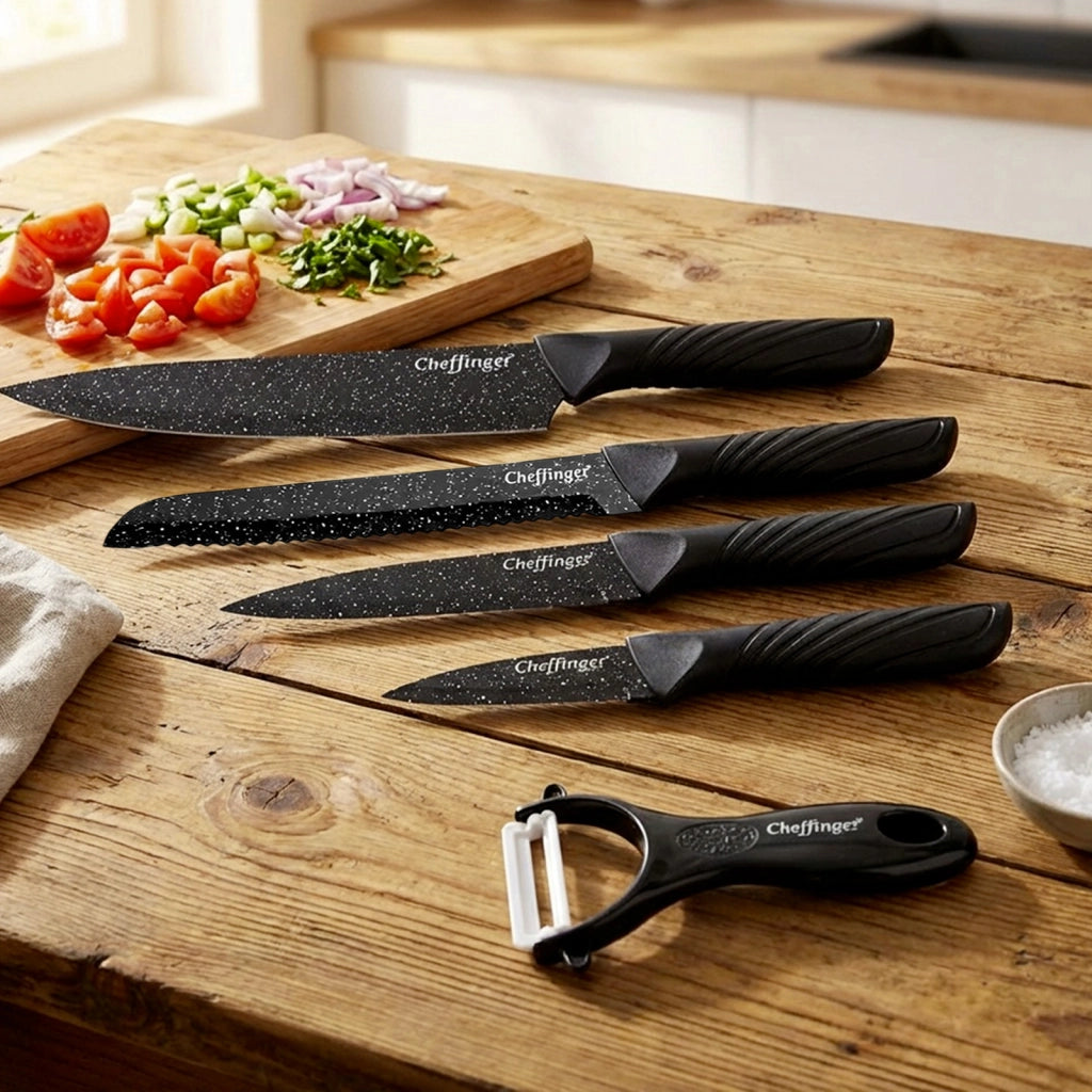 Set di 6 Coltelli Effetto Marmo Antiaderenti con Pelapatate Manici Lisci Nero Cheffinger