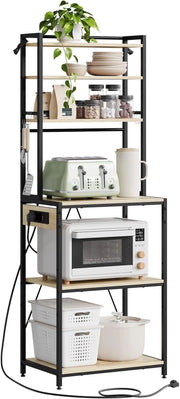 Scaffale da Cucina a 6 Livelli con Prese di Corrente, Scaffale per Microonde con Struttura in Metallo e Piano di Lavoro Aperto, Nero+Rovere Chiaro, 60x39,5x167cm