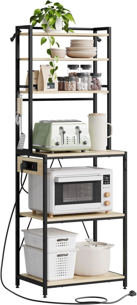 Scaffale da Cucina a 6 Livelli con Prese di Corrente, Scaffale per Microonde con Struttura in Metallo e Piano di Lavoro Aperto, Nero+Rovere Chiaro, 60x39,5x167cm