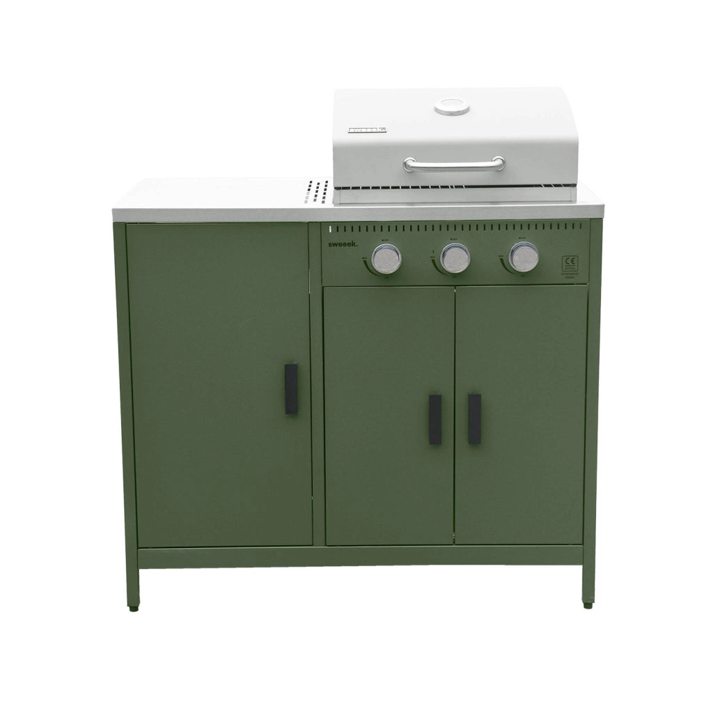 Barbecue a gas 3 bruciatori, 3 ante, 2 spazi di stoccaggio, verde