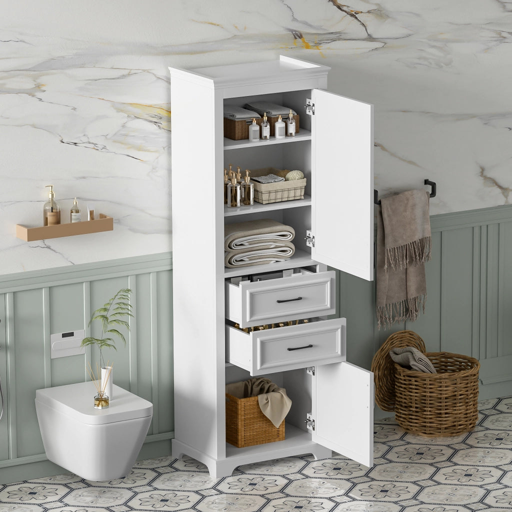 Armadietto da bagno con 2 cassetti, 2 ante e ripiani aperti, in MDF, per bagno, bianco, 60 × 40 × 180 cm