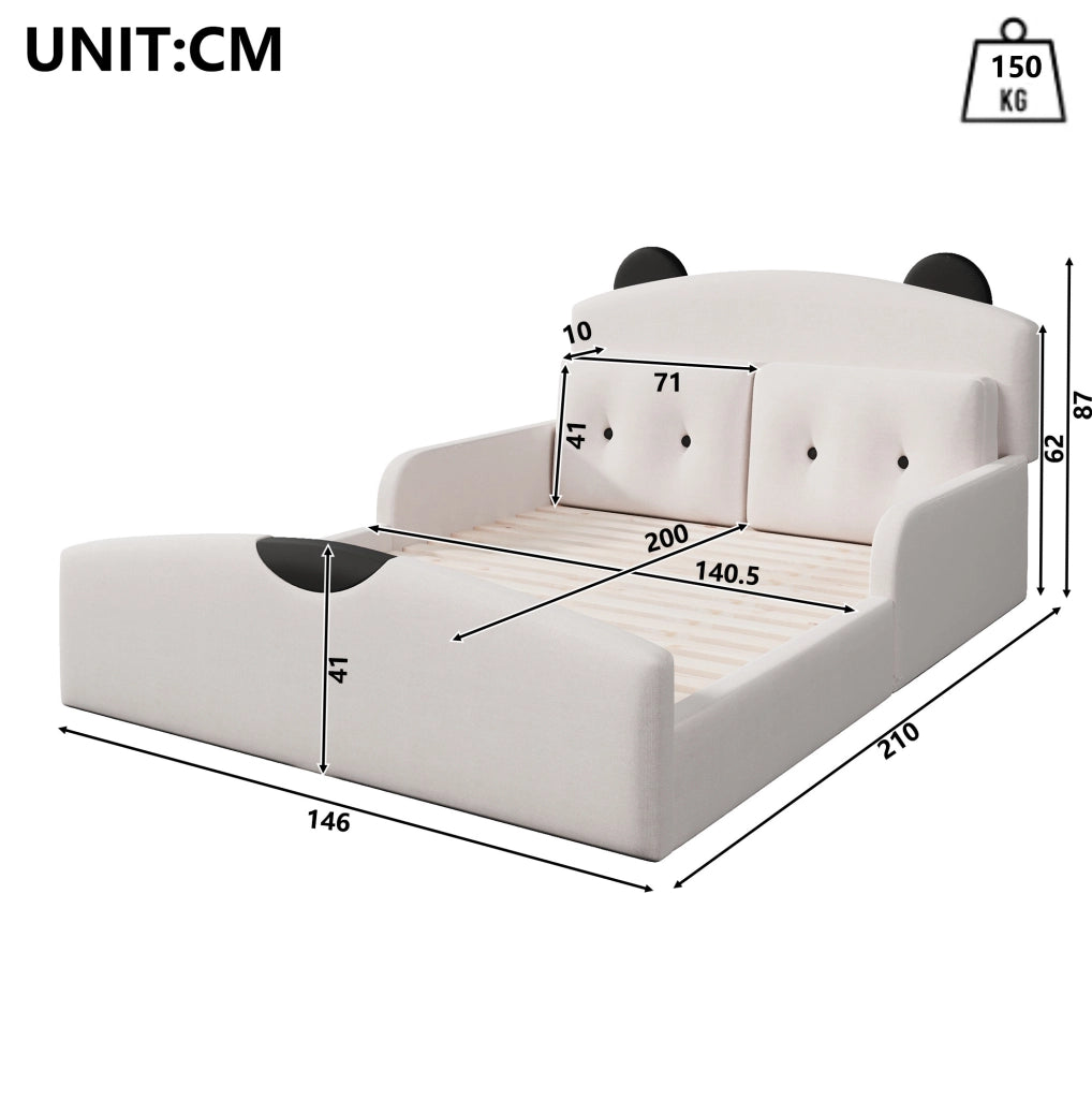Letto a piattaforma 140x200 cm con testiera imbottita a forma di orso; in lino; bianco