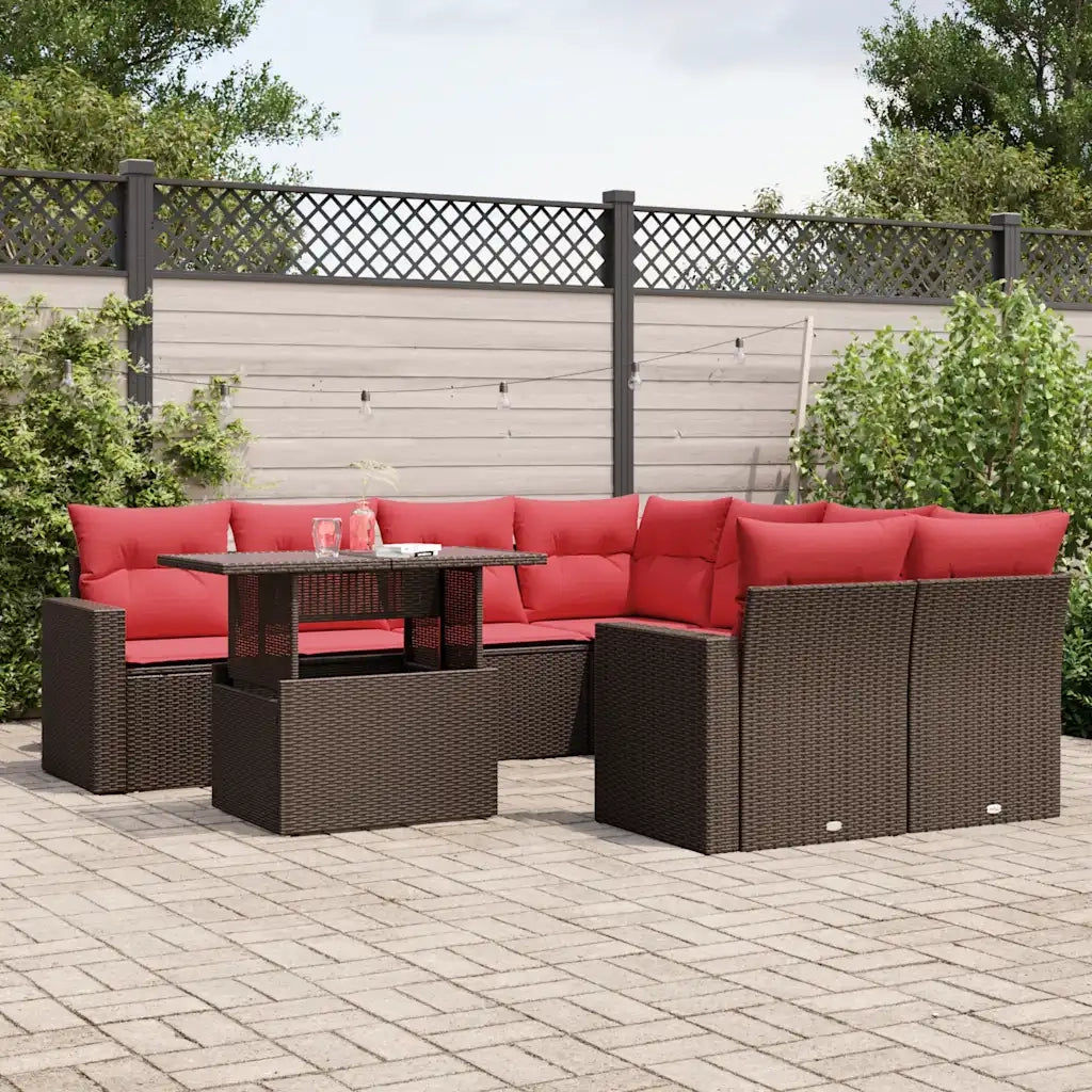 Set Divani da Giardino 9 pz con Cuscini Marrone in Polyrattan 3267174