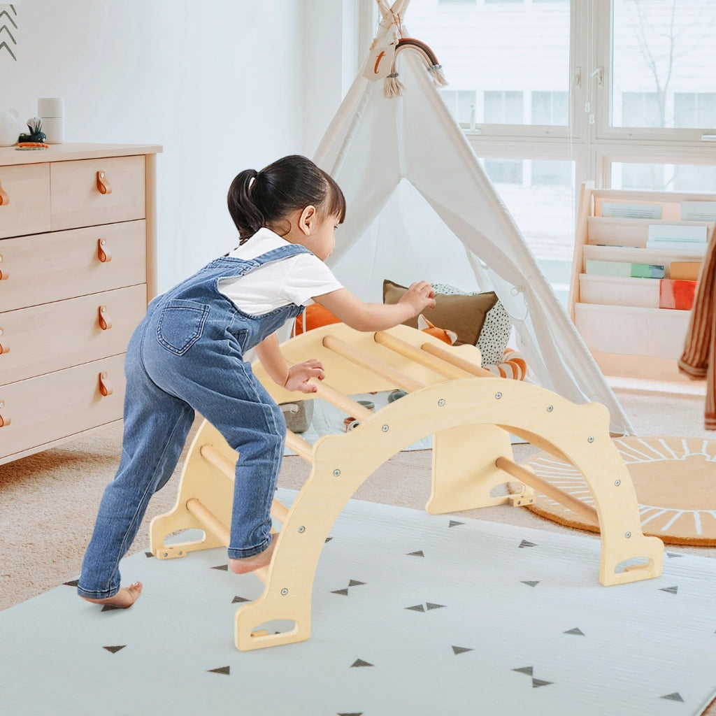 Tavolo sensoriale ad arco da arrampicata 8 in 1 per bambini, Palestra montessori con contenitore pieghevole Naturale-Arrampicate e scivoli