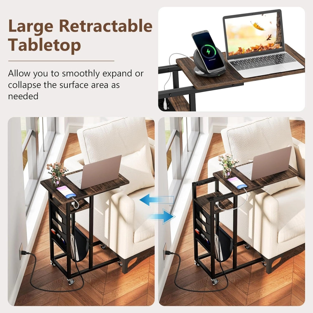 Tavolino Laterale a C con Ruote e Stazione di Ricarica, Tavolino Compatto con 2 Prese AC e 2 Porte USB, Piano Retrattile, Tasca Laterale, Ruote Universali Bloccabili (Marrone)
