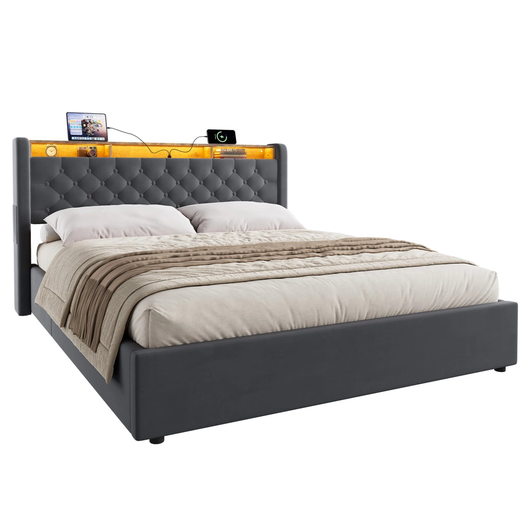 LETTO Imbottito 160 x 200 cm in Velluto Grigio Scuro con Contenitore