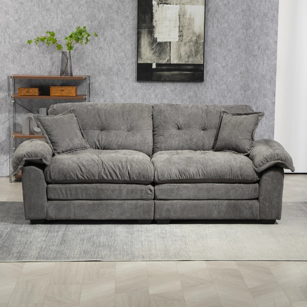 Divano diritto in chenille con seduta profonda e cuscini a doppio strato per salotto grigio 214 × 89 × 93 cm