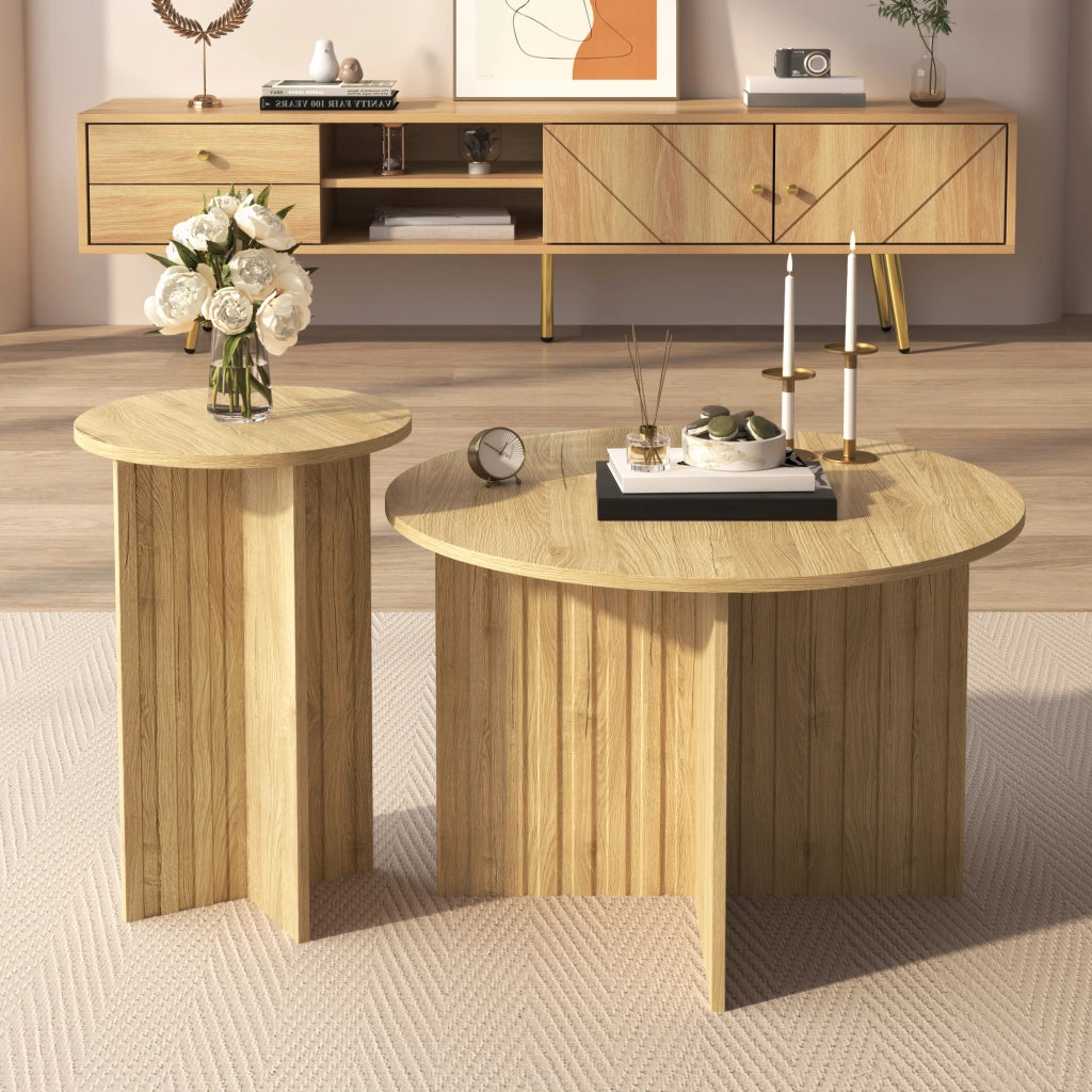 OKWISH Tavolini da Salotto Impilabili Rotondi, Set da 2 con Design Salvaspazio, per Soggiorno, in MDF e Pannelli di Particelle, Naturale