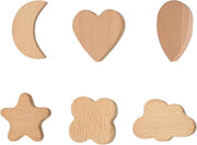 Set di 6 maniglie in legno di betulla per camera da bambini - Decorative maniglie per armadi con goccia d'acqua, cuore, foglia di cavolo, luna, nuvola e stelle - Maniglie in legno con ganci