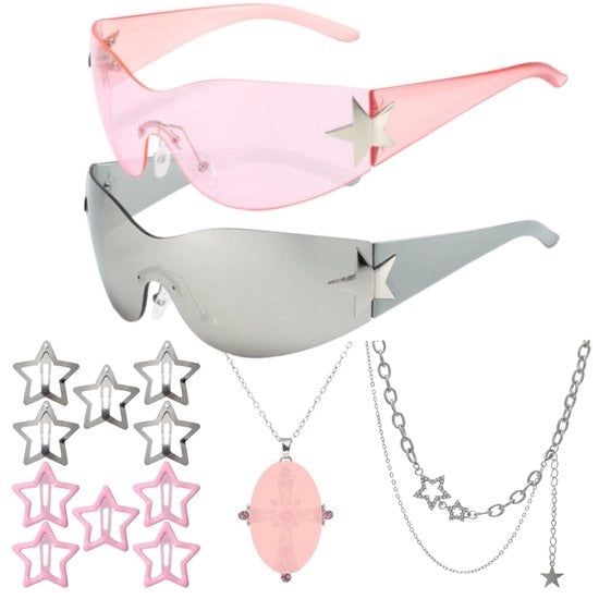 Ombrellone da sole Retro senza montatura - da donna/uomo - multicolore - inclusi catenine - di alta qualità in plastica - ideale per feste - Occhiali da sole di moda