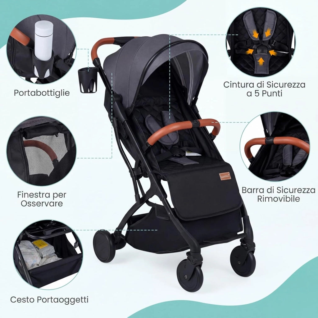 Passeggino Leggero per Neonati con Tettuccio, Schienale e Poggiapiedi Reclinabili, Passeggino Pieghevole con Portabicchieri, Cestello Portaoggetti, per Bambini 0-3 Anni (Grigio)