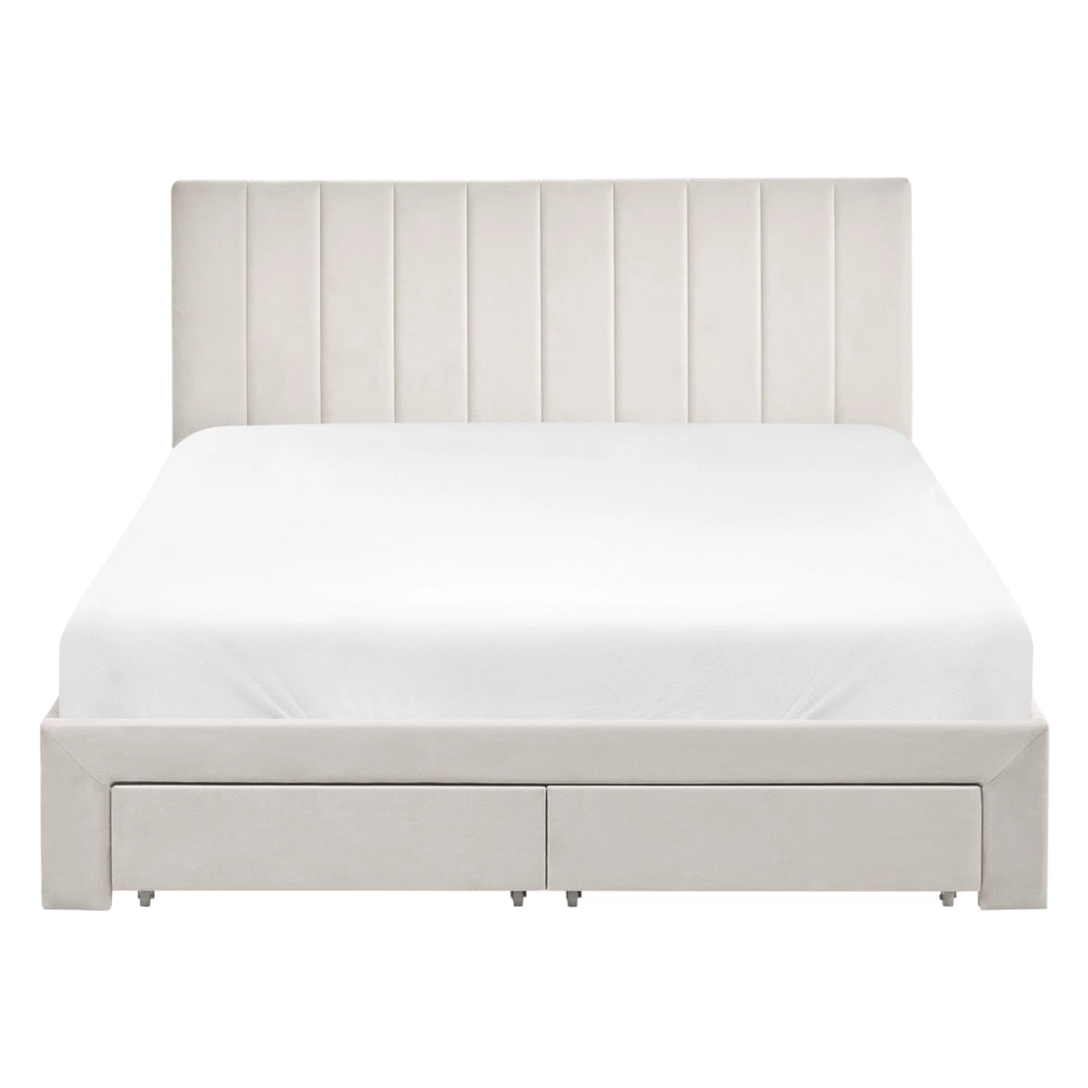 Letto matrimoniale 140 x 200 cm Bianco Sporco Rivestimento in velluto 4ft con cassetti Testiera Base a doghe Moderno
