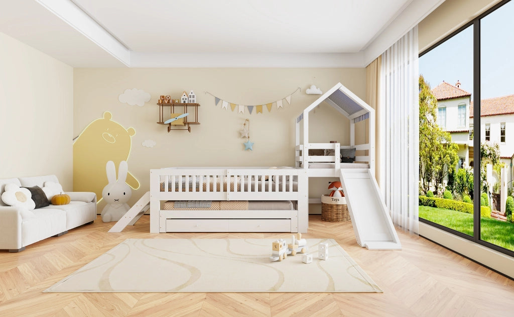 Letto per bambini a casetta 90 × 200 cm con letto estraibile, scivolo, scala laterale e cassetti, senza materasso, bianco