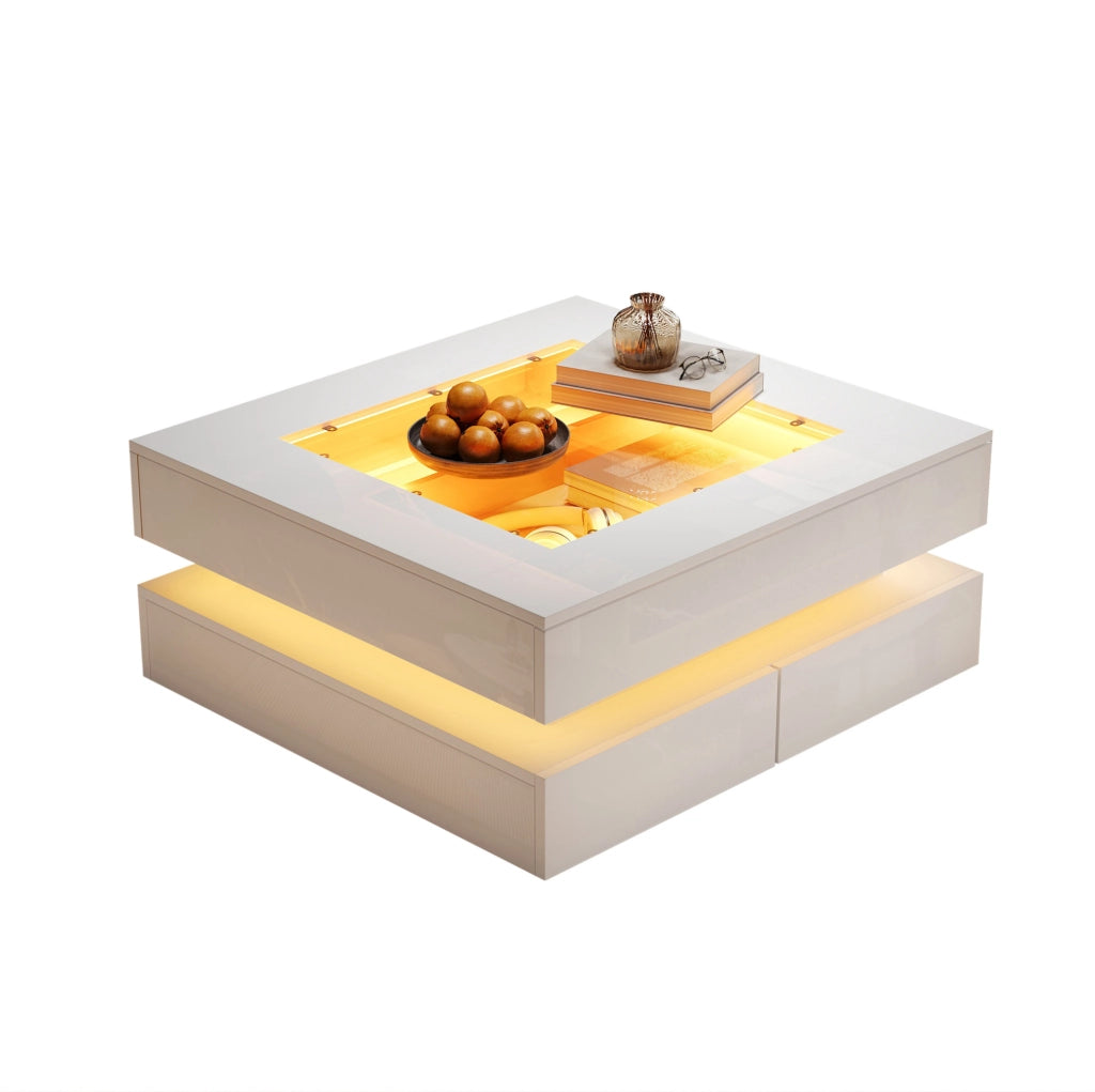 Tavolino da caffè 70x70x35 cm con illuminazione LED; 3 cassetti; vetro e pannello truciolare bianco