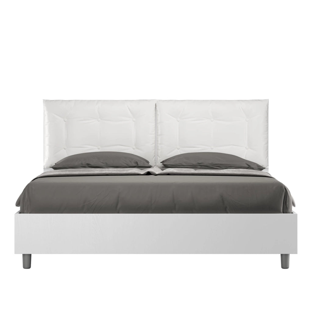 Letto matrimoniale con rete 160x190 bianco frassino cuscini similpelle cappuccino Egos Annalisa