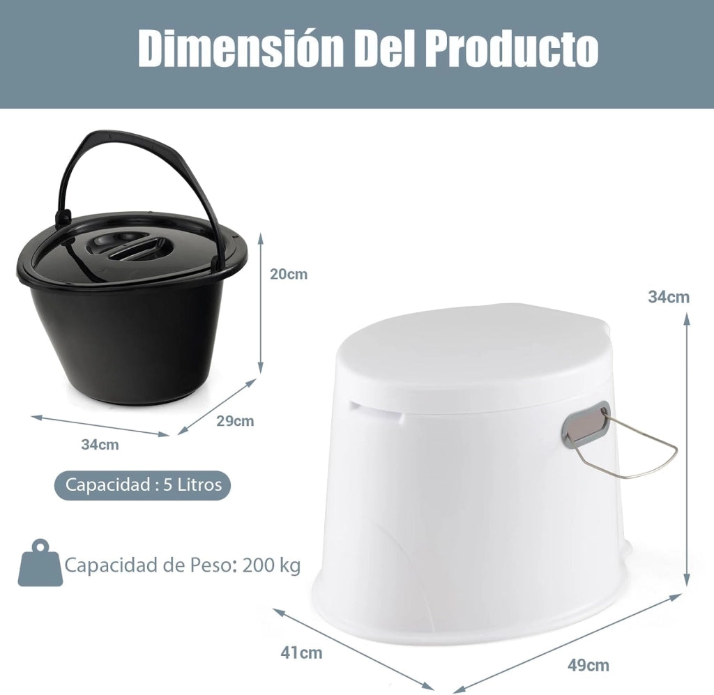 WC Portatile 5L, 49 X 41 X 34 CM, Toilette con Coperchio Anti-Odore, Secchio Interno Rimovibile, Portarotolo per Carta Igienica, Carico 200 kg, per Campeggio, Viaggi, Escursioni