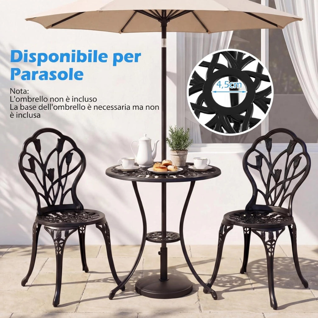 Set Tavolino e Sedie in Alluminio 3 Pezzi, Set Bistro da Esterno con Foro per Ombrellone, Mobili da Giardino per Cortile Patio Terrazza (Modello 2)