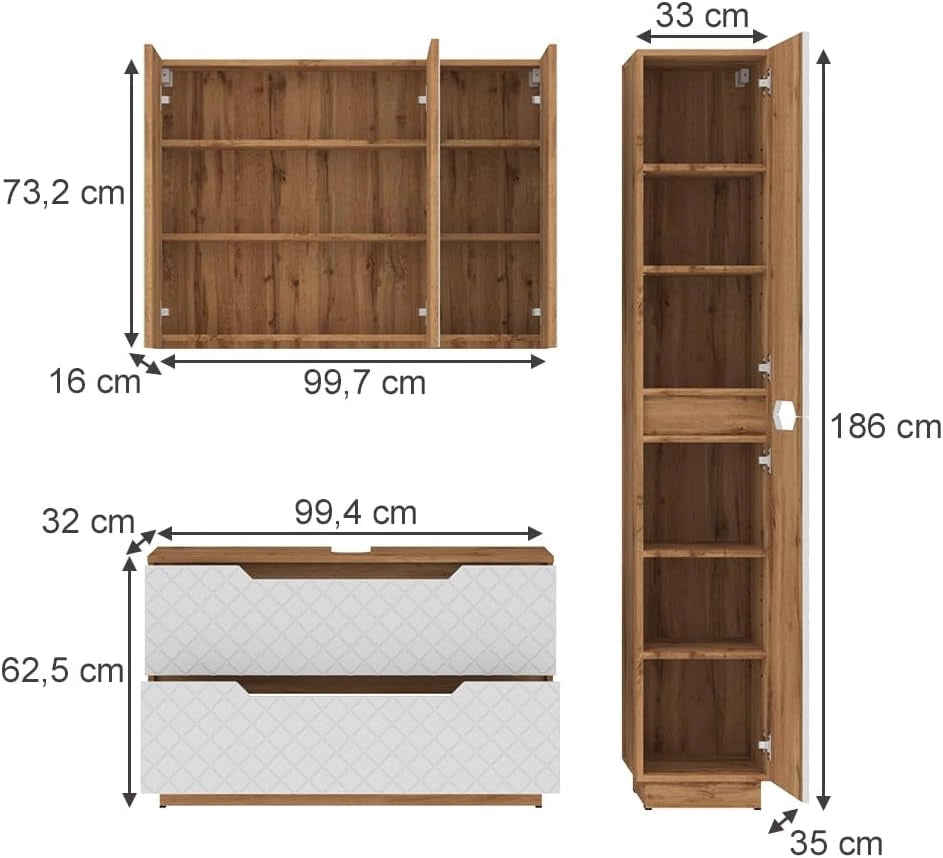 Set di mobili da bagno Lotta, Rovere/bianco con struttura in piastrelle, 3 parti