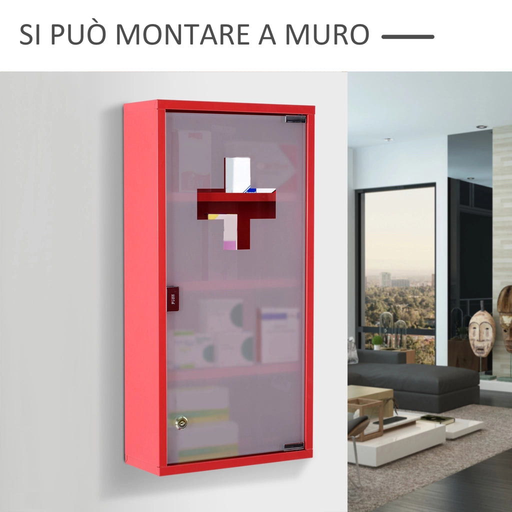 Cassettiera per medicinali con 4 ripiani e porta in vetro ¨C zephmum ¨C 60x30x12cm rosso