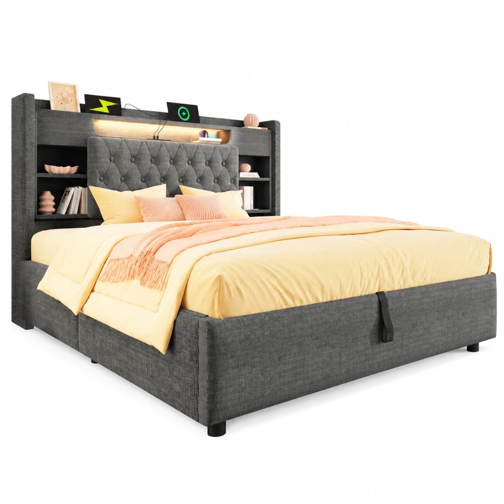 Letto contenitore 140 × 200 cm 2 posti con LED; 3 USB e Type-C; mensole; senza materasso; grigio